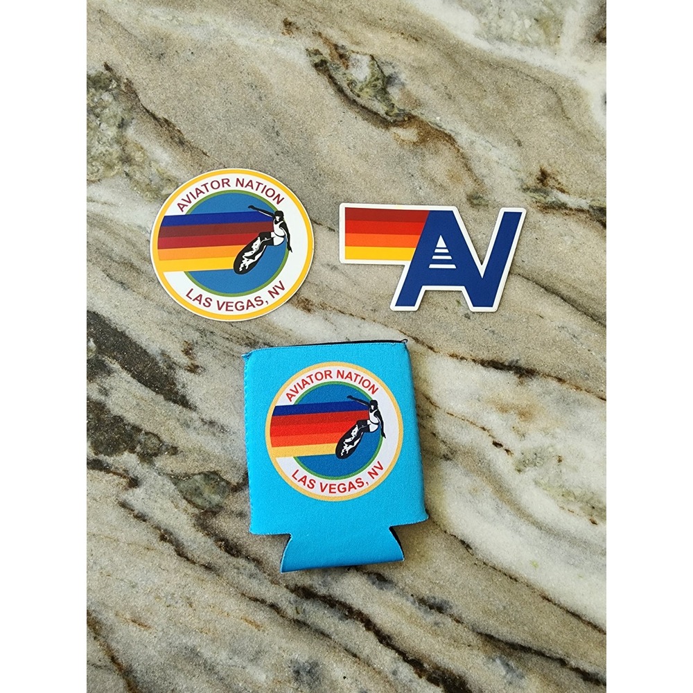 Aviator Nation Las Vegas Can Cooler & Sticker Set Blue Rainbow Retro Surf 3pc